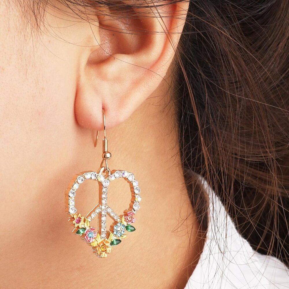 Peace Sign Heart Earrings Silver Gold Dangle Jewelry Women's Gift - Picture 5 of 6